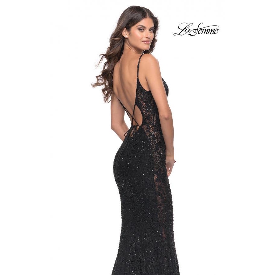 La Femme Black Beaded Lace Open Tie Back V-Neck Mermaid Prom Formal Gown 0 — image 2 of 8